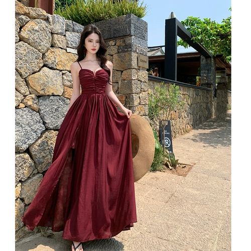 Бордовый летний корсет, весенняя длинная юбка, пляжное платье, французский стиль, с открытой спиной, яркий броский стиль