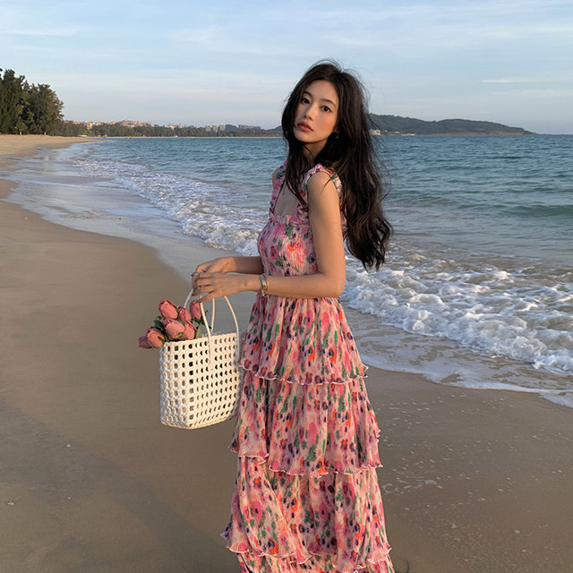 French seaside photo clothes super fairy holiday floral dress suspenders cake skirt slim beach skirt female summer