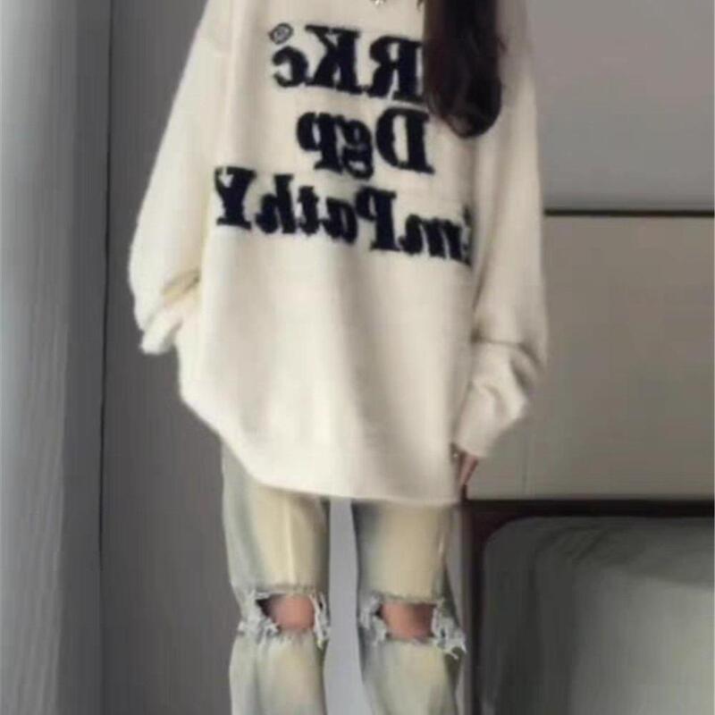 White Korean-Style Lazy Knit Sweater for Women, Autumn and Winter Jacquard American Lettering College Mink Velvet Mid-Length Top White Korean-Style Lazy Knit Sweater for Women, Autumn and Winter Jacquard American Lettering College Mink Velvet Mid-Length Top
