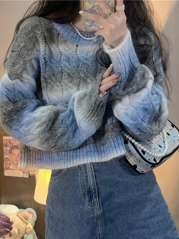 Gradient Color Design, High-End Twist Sweater for Women, Autumn and Winter, Loose, Lazy Style, Short, Retro, Japanese-Style Knitted Top