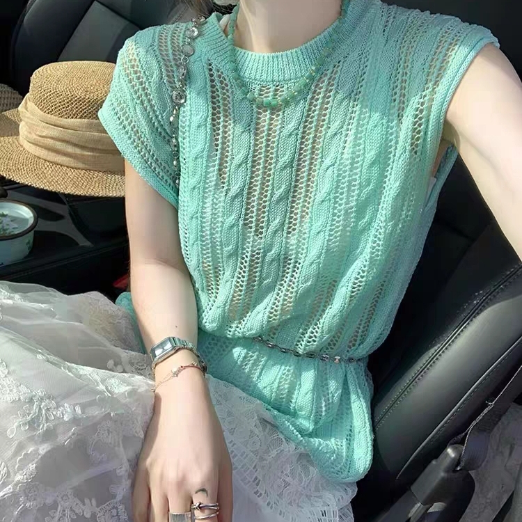 Mint Green Twisted Hollow-Out Ice Silk Short-Sleeve Knit Top for Women, Thin Summer Design Blouse, Mesh Top, Trendy