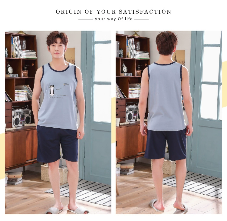 Đồ ngủ của nam giới mùa hè áo vest cotton quần short dịch vụ tại nhà mùa hè mỏng phần thanh niên Hàn Quốc cotton giản dị XL - Pyjama