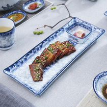 Korean imported tableware ginseng ceramic sushi dish Korean rectangular fish plate tableware 14 inch blue and white porcelain flat plate