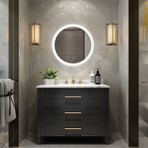 Nordic bathroom cabinet landing American light luxury bathroom cabinet solid wood simple wash table oak toilet smart round mirror