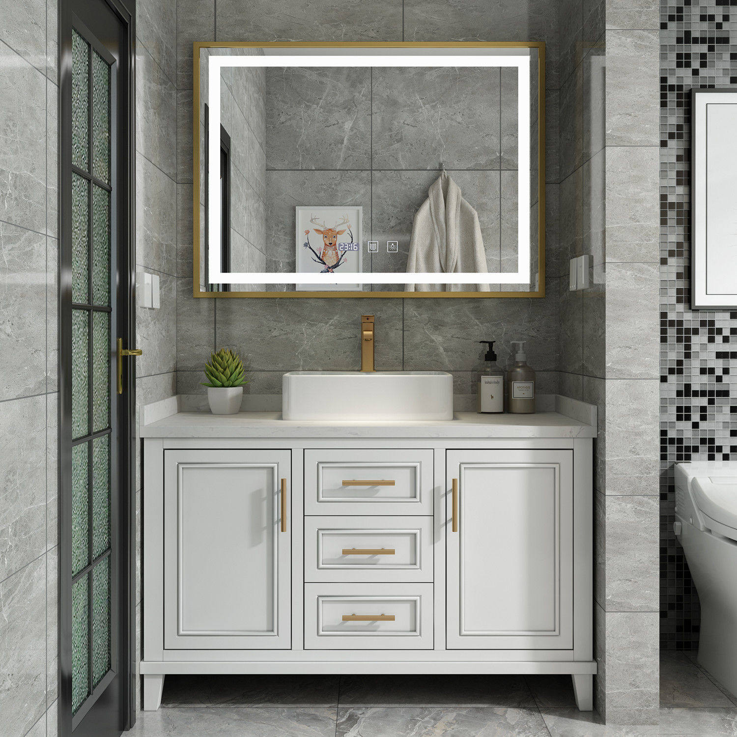 Light luxury bathroom cabinet solid wood smart American sink Nordic oak floor bathroom cabinet combination table basin mirror cabinet