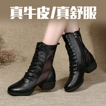 Summer new genuine leather black soft bottom hollowed-out breathable mesh in cylinder Jumping Square Dancing Shoes Sailors Dancing Leather Boots