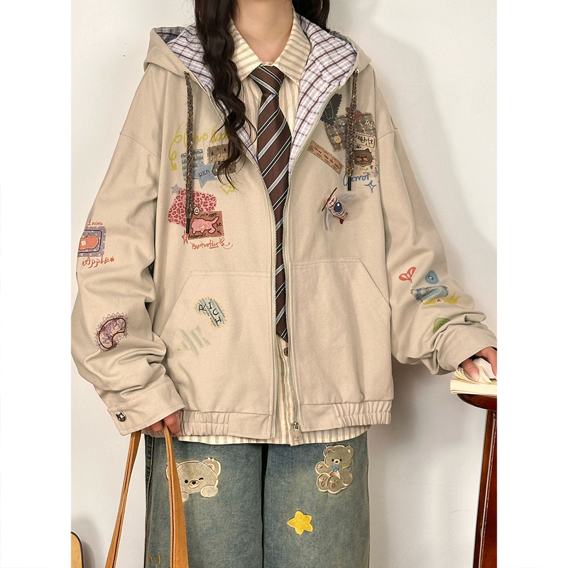 Soldout Original American Retro Plaid Patchwork Hooded Jacket for Women, Spring Design, Casual and Versatile Top