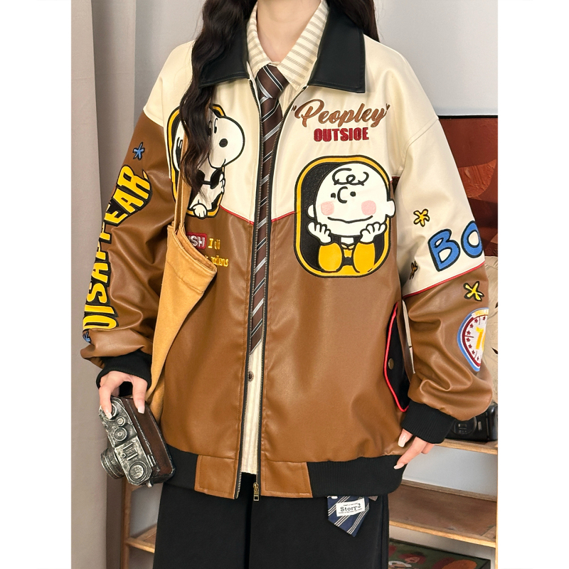 Soldout Original American Retro Snoopy Embroidered Color-Blocked Leather Jacket for Women, Trendy Brand Loose Casual Jacket
