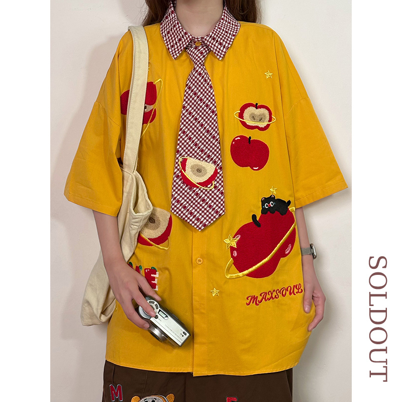 Soldout Original Japanese Retro Cute Cartoon Embroidered Patchwork Tie Short-Sleeve Shirt Loose Casual Top