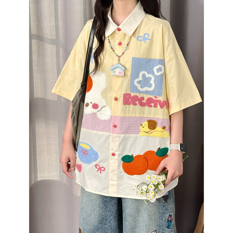 Soldout Original American Retro Playful Cartoon Embroidered Patchwork Color-Block Short-Sleeve Shirt for Women, Loose Top for Summer