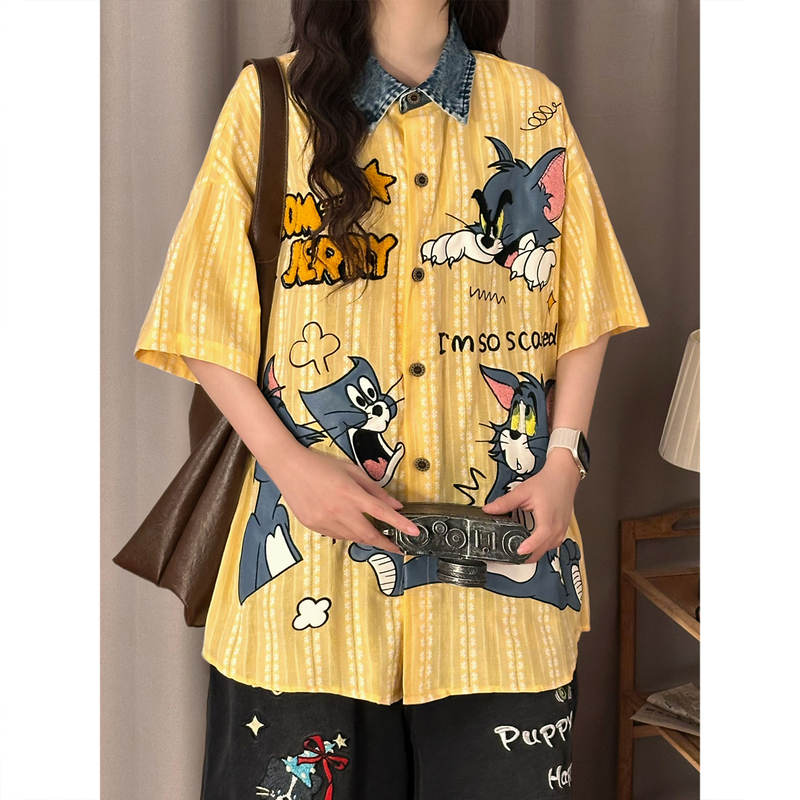 Soldout Original American Retro Cat and Mouse Embroidered Short-Sleeved Shirt for Women, Loose and Interesting Design Shirt
