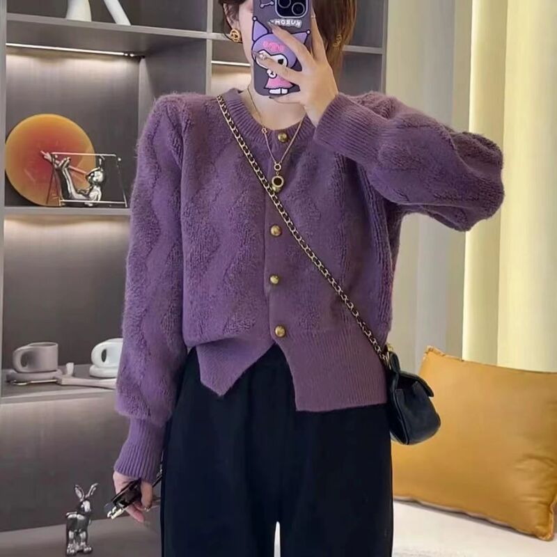 Tweed Style Short Cardigan Sweater Jacket for Women, Autumn and Winter 2024 New Popular Outerwear Purple Knitted Top for Women