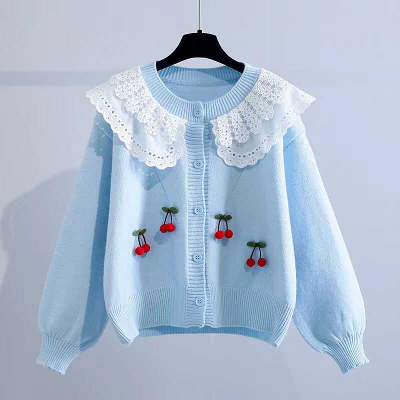 2024 Spring and Autumn New Women's Fashion Doll Collar Lace Fake Two-Piece Cardigan Loose Knitted Sweater Jacket Trendy