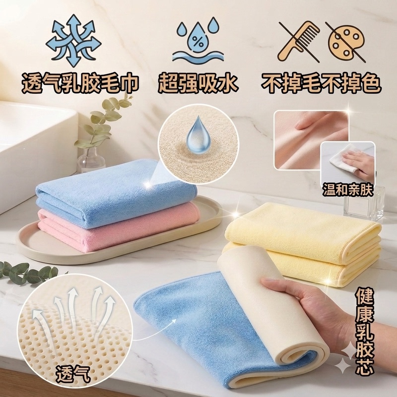 Towels That Do Not Shed Lint or Fade, Are Absorbent, Soft, Breathable, and Odor-Resistant; Shower Towels; Natural Latex Towels; Square Towels