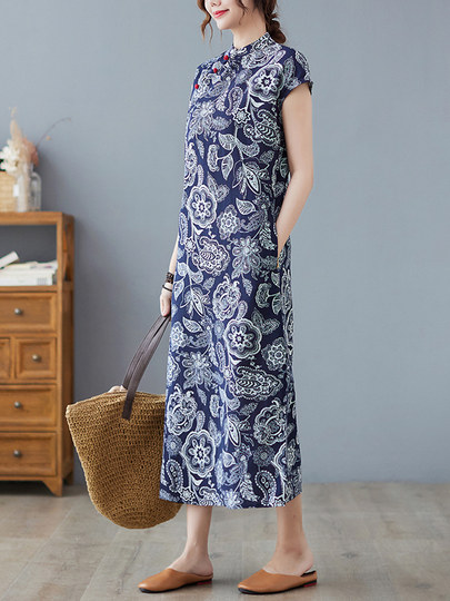 Ramie cheongsam skirt loose slimming ethnic style improved long skirt large size tea suit fat girl Zen linen dress