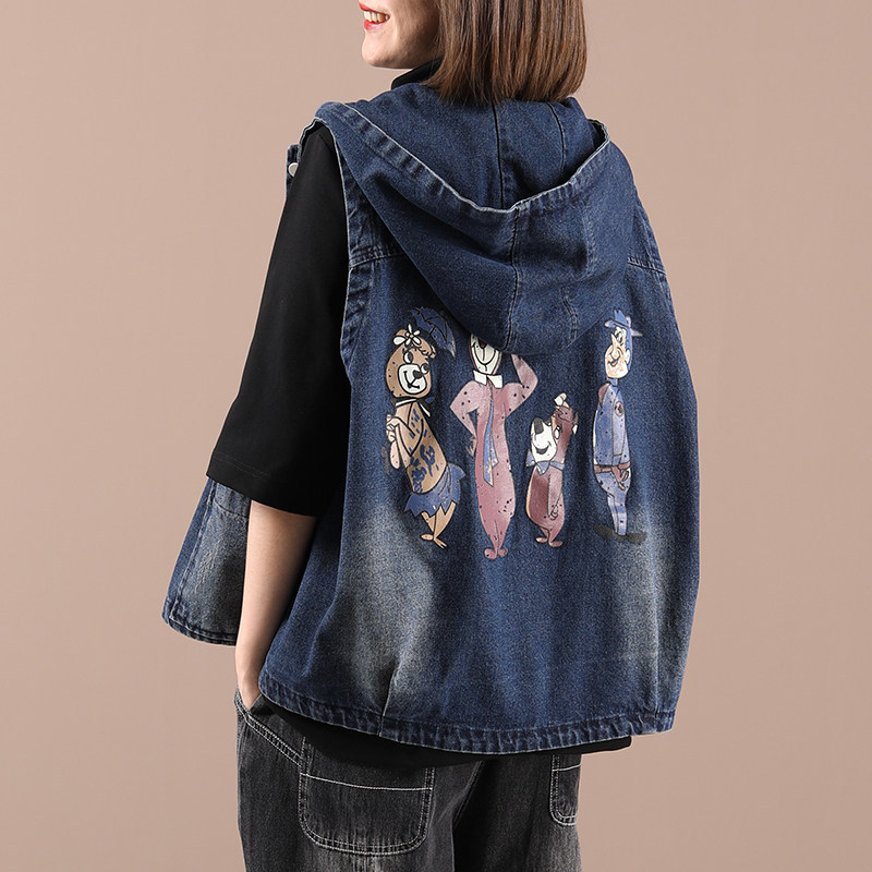 High-End Women's Tops, Light Luxury Style, Plus Size, 2026 Spring and Autumn New Style Vest, Printed Hooded Denim Vest Jacket High-End Women's Tops, Light Luxury Style, Plus Size, 2026 Spring and Autumn New Style Vest, Printed Hooded Denim Vest Jacket