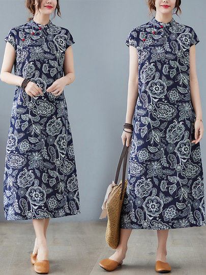 Ramie cheongsam skirt loose slimming ethnic style improved long skirt large size tea suit fat girl Zen linen dress