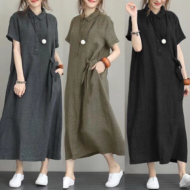 Summer Loose Linen Dress for Plus-Size Women, Korean Style, Elegant Flared Skirt, Short-Sleeved Cotton-Linen Long Dress