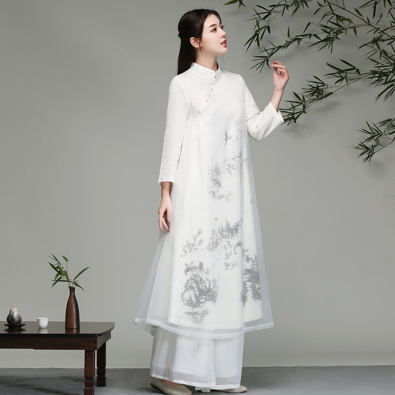 Spring and Autumn Large Size Long Dress Chinese Style Zen Clothing Large Hem Skirt Artistic Loose Casual Long-Sleeved Tea Dress Zen Dance Dress