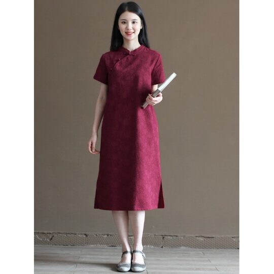 Retro New Chinese Style Improved Cheongsam Dress Women 2025 Summer Loose Young Style Artistic Short Sleeve Mid-Length Dress Women