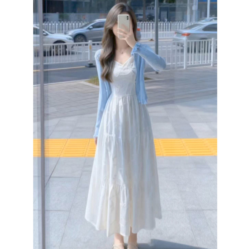 Very Pretty White Floral Spaghetti Strap Dress for Women, Summer 2026 New Early Spring Korean Style Outfit Set, Long Dress