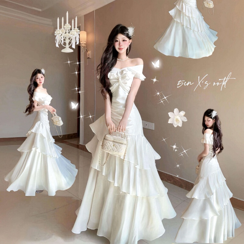 French-Style One-Shoulder White Dress for Women, Stunning and Beautiful in Summer, Special and Beautiful Princess Dress, High-End Birthday Long Dress