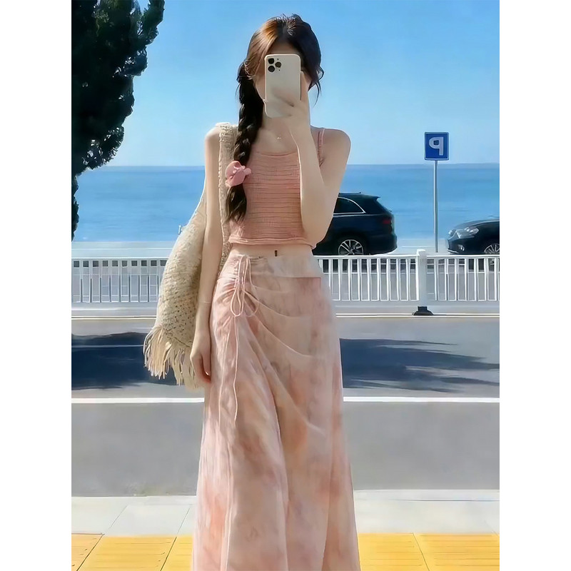 2026 New Dopamine Bright Style Dress for Women, Summer Pink Camisole Top and Long Skirt Set