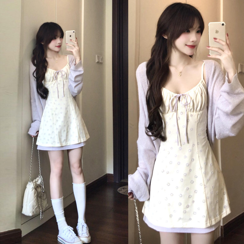 French-Style Purple Floral Spaghetti Strap Dress for Women, Summer 2026 New Model, Very Beautiful Early Spring Outfit, Complete Set
