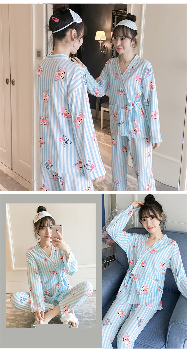 Bộ đồ ngủ dâu tây dài tay kiểu kimono mùa thu Nhật Bản phù hợp với phụ nữ hai mảnh tươi tắn và ngọt ngào đồ bộ quần ống rộng mặc nhà