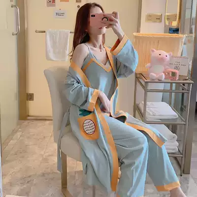 Spring and autumn pajamas female sexy three-piece set cotton suspenders long sleeves sweet and cute Japanese nightgown home clothes summer