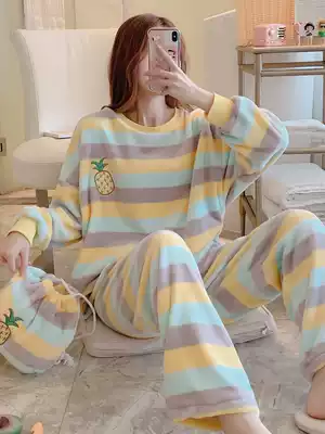 Coral velvet pajamas women's autumn and winter thickened warm sweet cute loose large size flannel spring and autumn can be worn outside suit