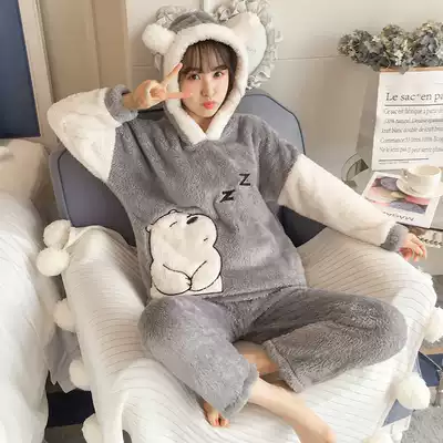 Pajamas women's autumn and winter Korean version of the student cute coral velvet thickened flannel hooded home clothes can be worn outside the suit