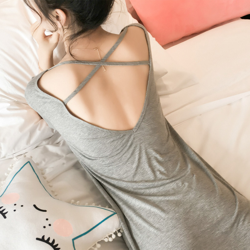 Nightdress women's summer modal cotton sexy pajamas short-sleeved one-piece dress open back temptation large size loose home wear