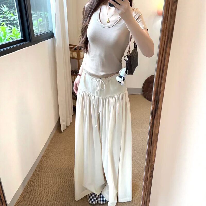 Korean-Style Simple Pleated Lace-Up Flowy Culottes for Women, Summer Thin High-Waisted White Relaxed Wide-Leg Casual Pants Korean-Style Simple Pleated Lace-Up Flowy Culottes for Women, Summer Thin High-Waisted White Relaxed Wide-Leg Casual Pants