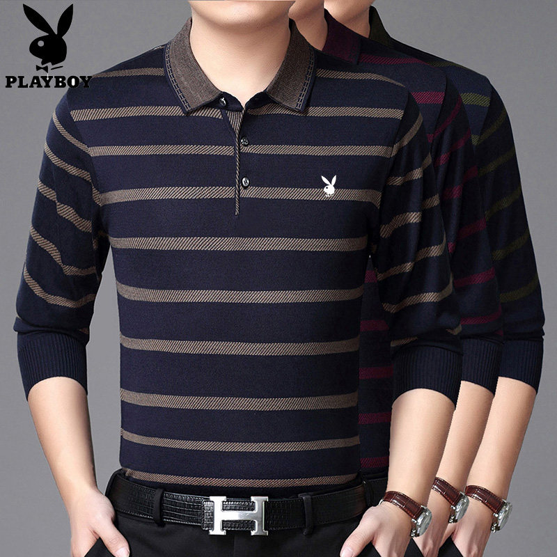 Playboy spring and autumn men's long-sleeved T-shirt loose lapel knitted thin top middle-aged and elderly T-shirt dad wear