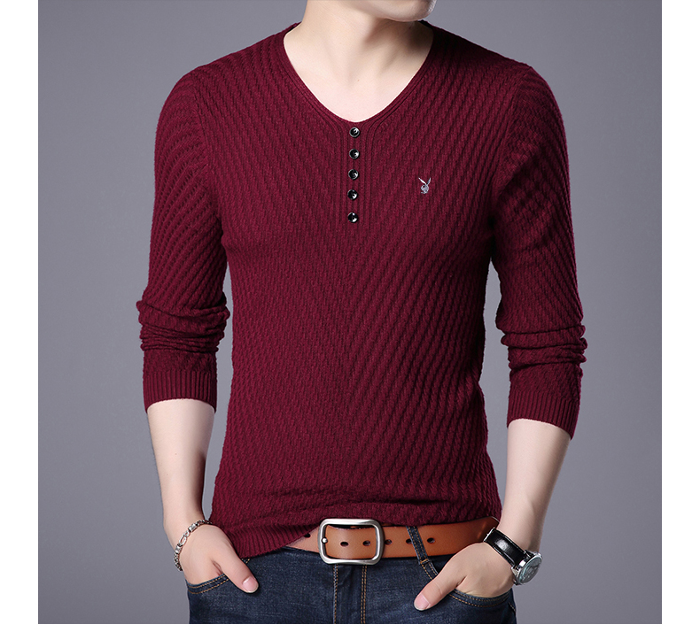Playboy Men Áo thun dài tay dệt kim V-cổ gà hình trái tim cổ áo sơ mi nam mỏng áo len xu hướng - Kéo qua ao nam