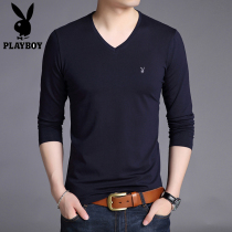 Playboy thin section mens long-sleeved t-shirt spring and autumn dress V-neck cotton T-shirt mens casual solid color top bottoming shirt