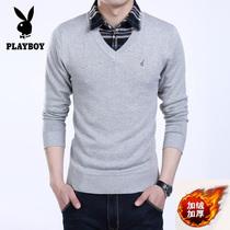 Playboy autumn and winter long-sleeved T-shirt mens fake two-piece plus velvet thick shirt collar sweater sweater T-shirt