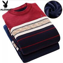 Playboy new mens large size sweater plus velvet thickened round neck slim fit trendy Korean solid color middle-aged and elderly knitted sweater