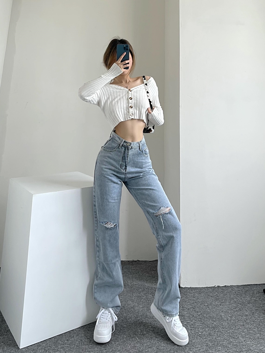 Retro light blue high waist breaking hole denim wide pants woman washed to make old display slim personality thin straight barrel long pants summer