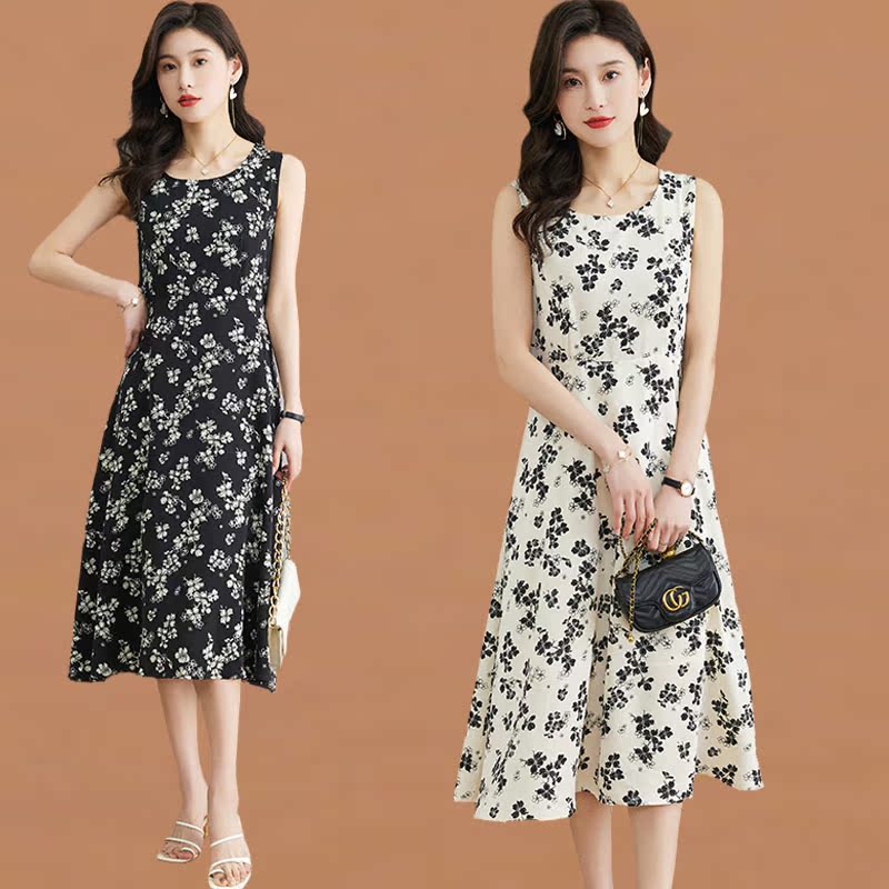 Summer 2025 New Floral Fashion Chiffon Vest Dress for Women, Slim-Fit Mid-Length Sleeveless Camisole Dress