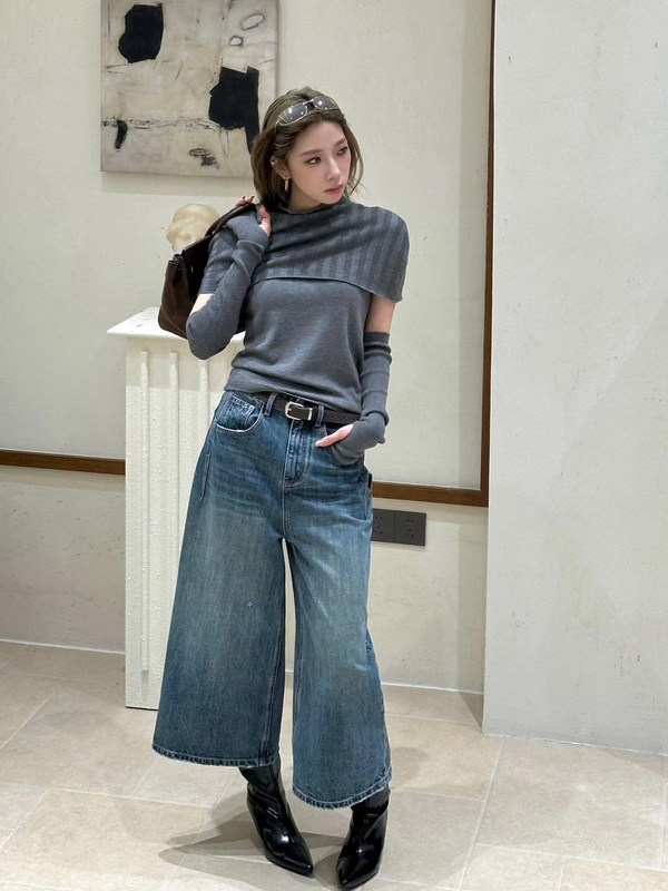 European Goods V+.Com26 Autumn Three-Piece Set Knitted Top for Women with Detachable Shawl + Sleeves + Vest Slimming Top Trendy