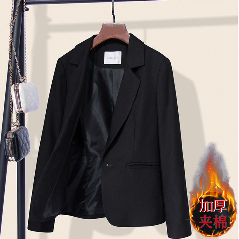 Black Blazer for Women, New Slim-Fit Korean Style, Trendy Casual Top for Petite Figures, Small Suit with Added Cotton and Thickness