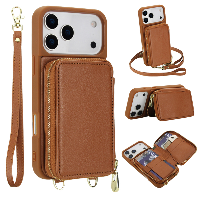 Zipper Large Card Holder Integrated Wrist Strap Crossbody Strap Suitable for iPhone 17 Pro Max Phone Case Apple 16 Pro Leather Protective Case 15 Coin Card Holder 14 Silicone 13 Full Coverage 12 Shockproof