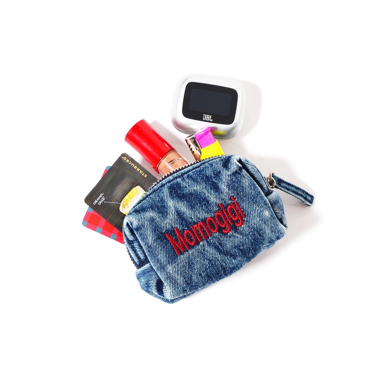 Momogigi “Quirky Boy” Original Design Washed Denim Embroidered Coin Purse Lipstick Bag Card Holder