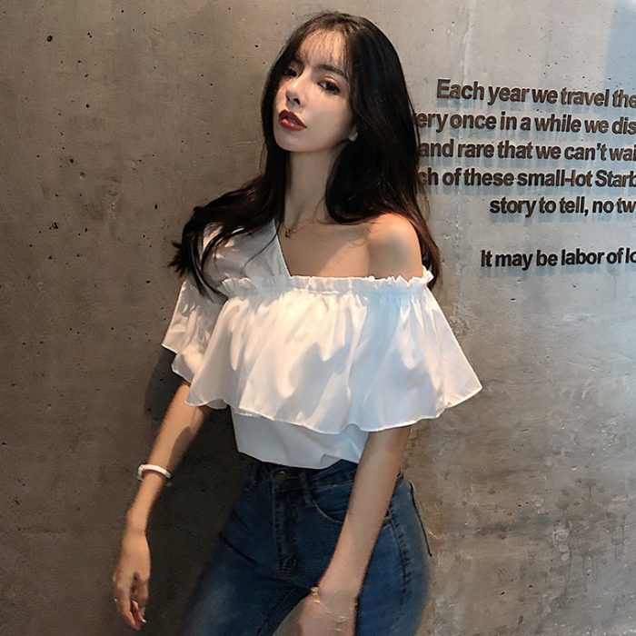 Shirt women's 2022 summer new sexy one-side off-the-shoulder top trendy Korean version solid color ruffled short-sleeved shirt