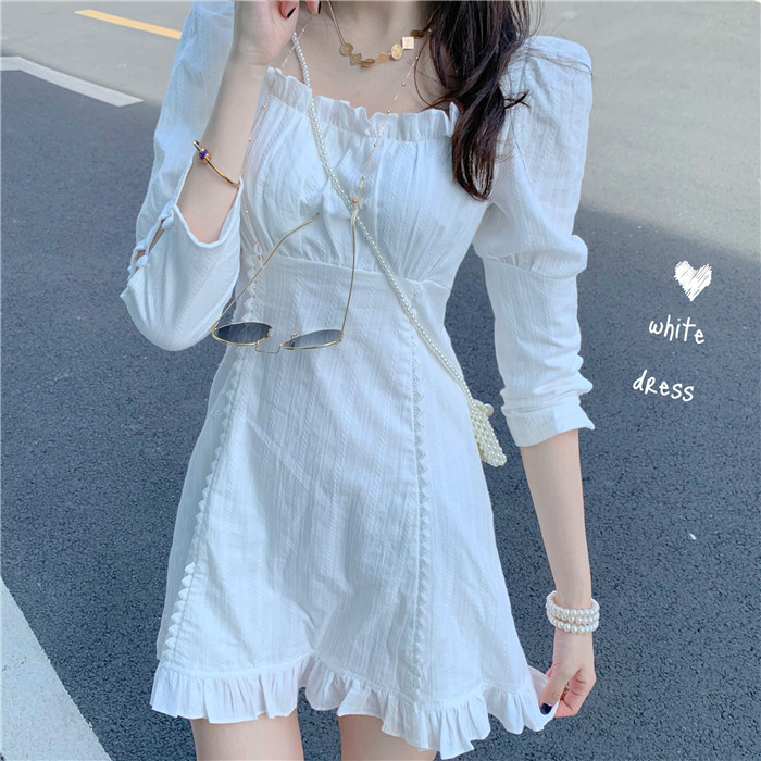 Fall Sexy square collar Collarbone Collection Waist's Agaric Side Ocean Dress Women's Head Slats Bottom Dress Slim Pure Color A-word Dress