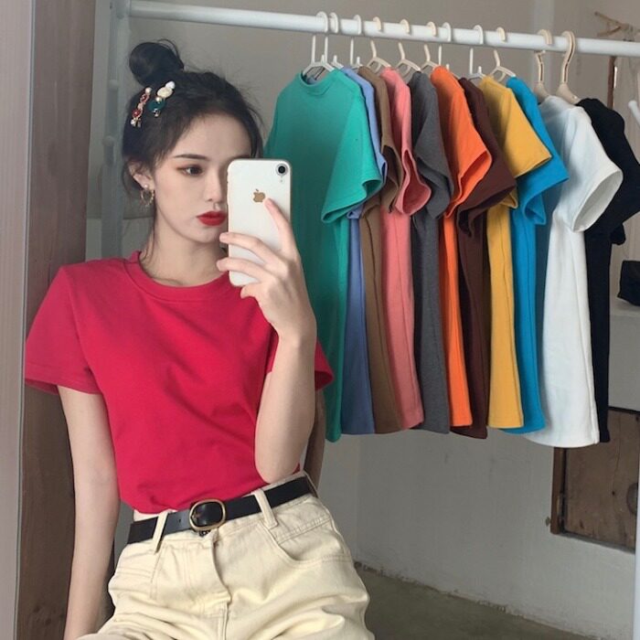 Short-sleeved T-shirt women's summer 2022 new basic model solid color all-match round neck brushed bottoming shirt simple top trend