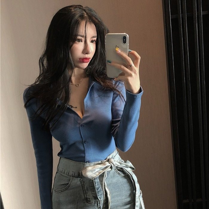 Pure desire casual POLO collar bottoming shirt women's solid color long-sleeved high-waisted front-shoulder T-shirt pullover single-breasted tights