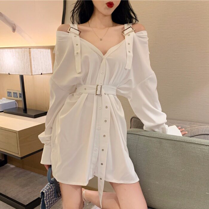 Spring new sexy open-door collarbone large V collar sling shirt female Korean version chic medium long version loose shirt blouse